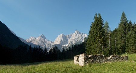 Fototapeta na wymiar remnants of the house in the valley of the Pišnice river with the peaks of Prisojnik and Razor in the Julian Alps in Slovenia