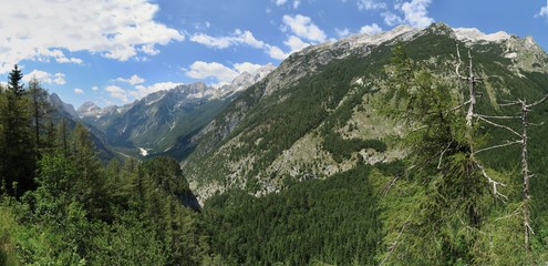 Fototapeta na wymiar Zadnja Trenta valley from the view of Šupec from the road to the Vršič pass in the Julian Alps in Slovenia