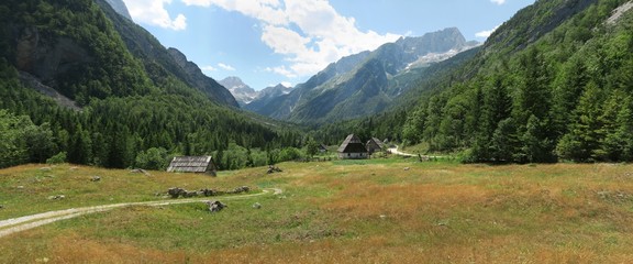 Fototapeta na wymiar Zadnja Trenta valley with the Bavski Grintavec peak in the Julian Alps in Slovenia