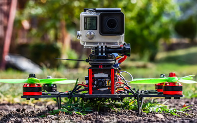 DIY drone with camera,quadcopter on the ground,close-up
