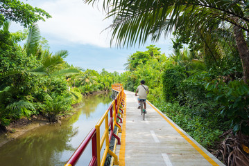 A young man cycles in Bang Krachao (Bang Kachao), along the moat and stilted pathway surrounded by lush tropical vegetation. Bang Krachao is known as the Green Lung of Bangkok.
