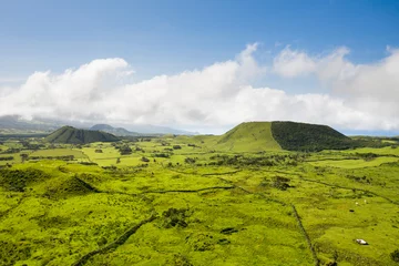 Foto op Canvas Aerial image of typical green volcanic caldera crater landscape with volcano cones of Planalto da Achada central plateau of Ilha do Pico Island, Azores © Sebastian