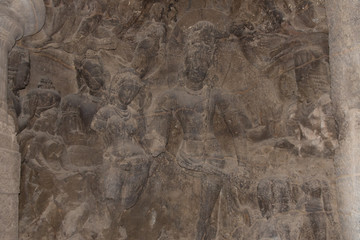 Sculpture of Hindu god in Elephanta cave near Mumbai Harbor.