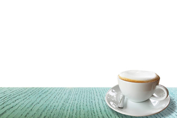 Wooden board counter bar empty table and hot coffee, Bokeh background