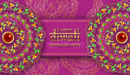 Happy Diwali purple template with floral paisley and mandala. Flower and leaves patterns. Festival of lights. Greeting card with diya
