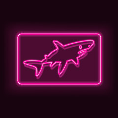 Neon rectangle frame with fish shark. Glowing signboard design.