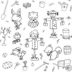Super cute hand drawn vector farm story characters. Cartoon flat illustration with animals. Set of doodle characters isolated on white. Scarecrow secret story characters