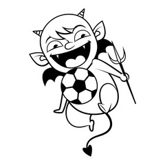 Adorable Satan Baby playing a Ball while holding a trident stick, Soccer or Football Club Mascot Cartoon Vector