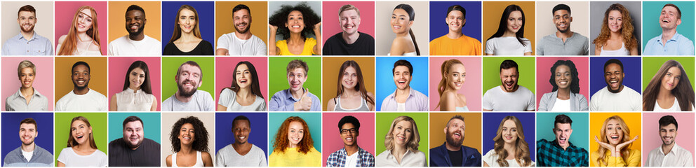 Collage of smiling and happy multiethnic people