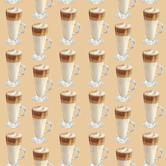 Watercolor seamless pattern. Aquarelle endless texture with latte coffee in Irish glass. Sweet dessert for your design. 