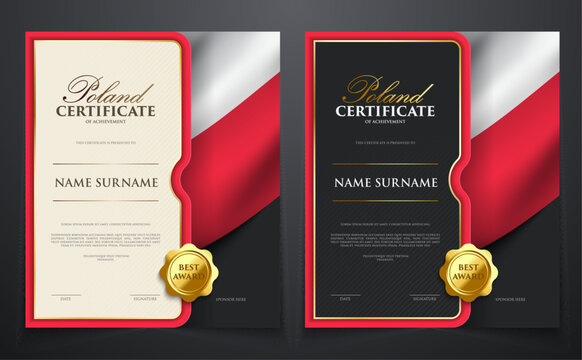 Set of patriotic achievement certificate with Poland flag, luxury elegant gold style cover