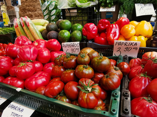 Tallinn, Estonia-August 2019, vegetable market. tomatoes, variety of colored vegetables