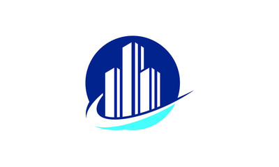 Modern abstract logo design featuring stylized skyscrapers within a blue circle with a swoosh