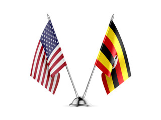 Desk flags, United States  America  and Uganda, isolated on white background. 3d image