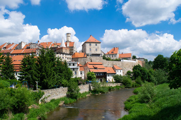Riverfront below the fortifications around Bystrzyca Kłodzko in Poland