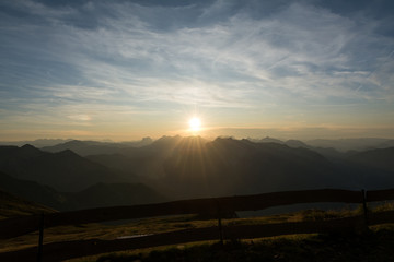 view of sunset in the mountains, evening in the Alps