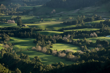 View on pastures at sunset from near Pico da Vara at Planalto dos Graminhais into the direction of the southeast coast valleys of Nossa Senhora dos Remédios and Povoação