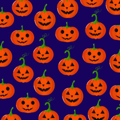 Vector graphics. Halloween bright pattern with pumpkins. Cartoon pumpkins. Halloween cute characters. Dark background. 