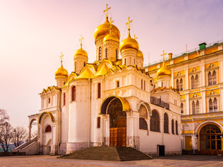 Fototapeta na wymiar Cathedral of the Annunciation with majestic golden copulas or domes in Kremlin at beautiful sunrise, Moscow, Russia