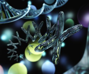 Chromosome on the background of DNA. Genome abstract background. 3d rendering.