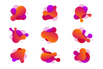 Vector set of fluid isolated abstract geometric violet and orange gradient shapes for modern website and graphic design on the white background. Concept of dynamic composition and liquid color element