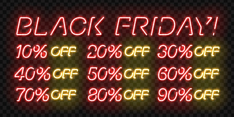 Vector set of realistic isolated neon sign of Black Friday Sale Percent logo for template decoration on the transparent background. Concept of special offer and e-commerce.