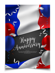 Happy anniversary cover layout with flag of France, balloon and confetti background. party, holiday, national scale celebration, Flyer, card, banner, brochure template
