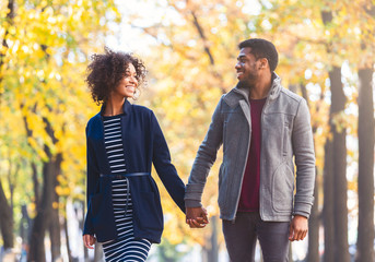 Black couple holding hands while walking by autumn park