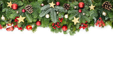 Christmas decorative background border with red bauble decorations and holly berries