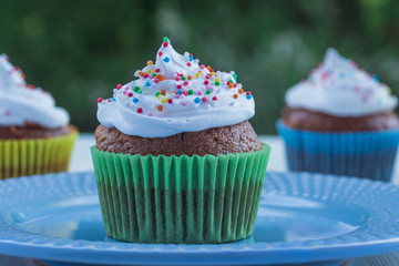 Delicious muffins with white cream and colored sprinkles on a wooden table on a background of green foliage.