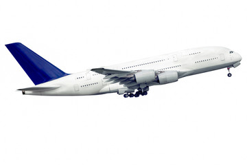 Big aeroplane is taking-off on white background, isolated.
