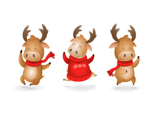 Cute Moose or Reindeer celebrate winter holidays happy expression - they jumping up - vector illustration isolated on transparent background