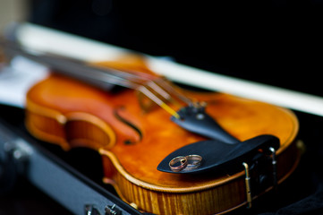 wedding rings lie on the edge of the violin