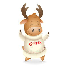 Cute Moose or Rindeer wearing white ugly sweater and celebrate winter holidays - vector illustration isolated on transparent background