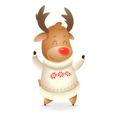 Cute Moose wearing white ugly sweater and celebrate winter holidays - vector illustration isolated on transparent background