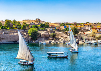 Boats on Nile in Aswan - obrazy, fototapety, plakaty