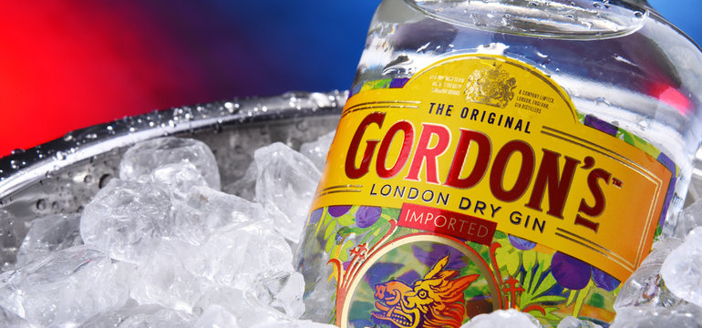 Bottle of Gordon's London Dry gin in bucket with crushed ice