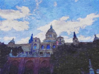 Digital oil painting on canvas old european architecture view. Historical touristic place and buildings. Modern impressionism art. Artistic bush strokes artwork of europe travel. Postcard design print