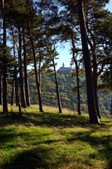 Fototapeta premium Burg Teck on Schwäbische Alb seen from the distance through forest
