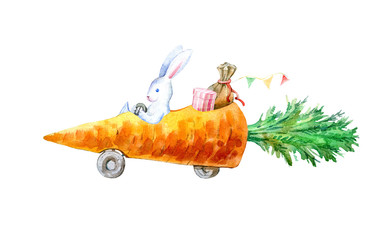 Hare on a carrot machine.Travel sketch. White background.Watercolor hand drawn illustration.