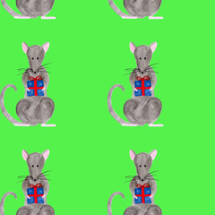 Seamless pattern with Christmas rat holding gift box. Template for fabric, greeting card, calendar, wrapping paper print. New year festive hand drawn illustration of zodiac 2020 symbol animal