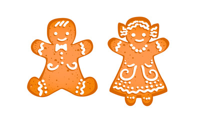 Gingerbread man and girl isolated on white background. Icons of traditional Christmas homemade cookie. Winter holidays, family or tale concept. Vector EPS 10  illustration.