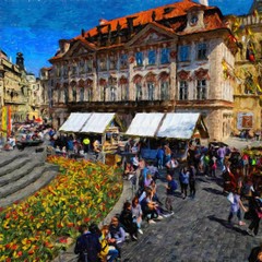 Digital oil painting on canvas old european architecture view. Historical touristic place and buildings. Modern impressionism art. Artistic bush strokes artwork of europe travel. Postcard design print