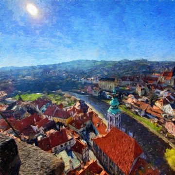 Digital oil painting on canvas old european architecture view. Historical touristic place and buildings. Modern impressionism art. Artistic bush strokes artwork of europe travel. Postcard design print