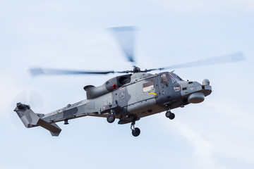 Fototapeta na wymiar Royal Navy Wildcat HMA Mk2 captured at the Southport airshow in September 2019.