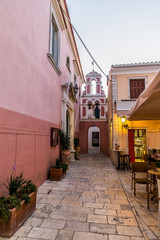 Fototapeta na wymiar Traditional alleys at the port of Paxoi, Gaios, Ionian islands, Greece