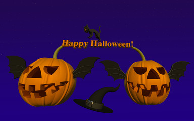Halloween 3D illustration 1. Two pumpkins flying with bat wings, witch hat, black cat, night sky background. Collection.