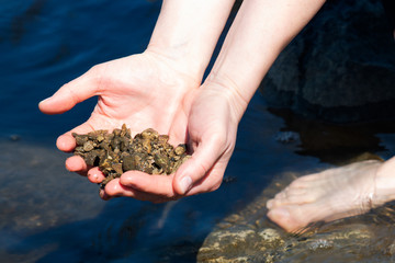 Close up of woman's legs standing in the lake and holding stones in her hands above the water surface. Back to Nature concept. Vacation and Relaxation.