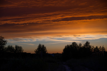 Fototapeta na wymiar Sunset sky in summer village
