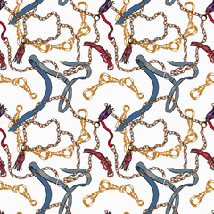 Seamless pattern with belts, chain and braid on white background. Perfect for fabric design.